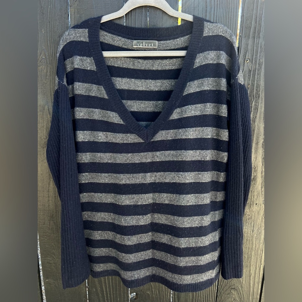Velvet Women's V-Neck Sweater - navy and Gray Stripes